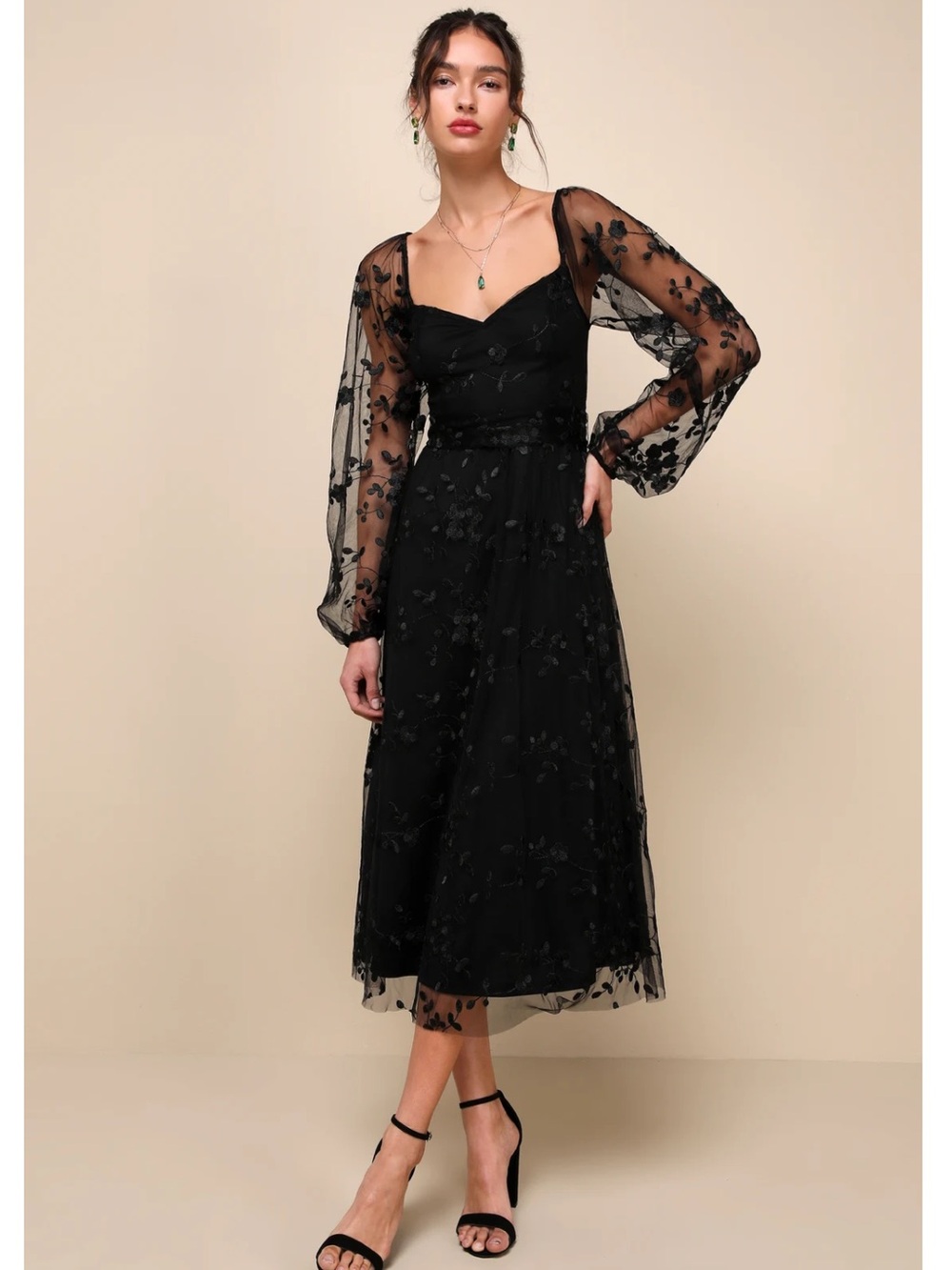 Lulus Darling Charisma Black Mesh Embroidered Floral Long Sleeve Midi Dress M
